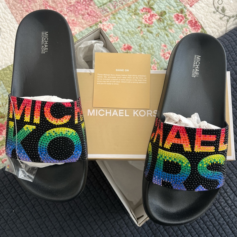 Michael Kors Black Slides with Multicolor Lettering